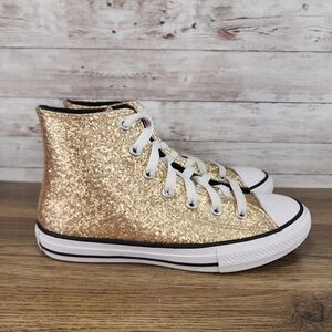 Kids Girls Converse Chuck Taylor All Star Hi Top Gold Glitter Sneaker Size 2y